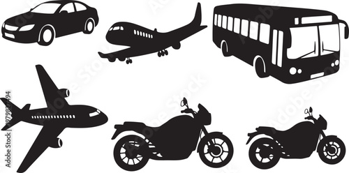 Transportation modes in silhouette on white background icons set