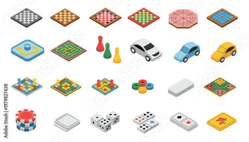 Playing board games icons set, isometric vector illustrations featuring play cards, dice, and game boards, representing family games, fun, and entertainment, ideal for apps, events