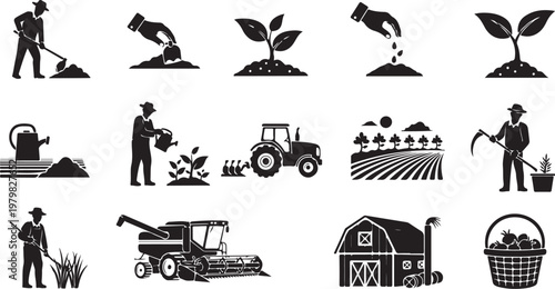 Agricultural icons and farming tools on white background set