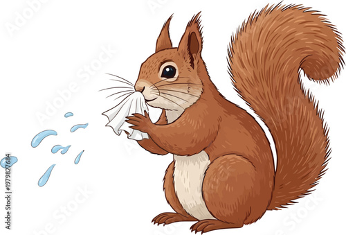 A cartoon squirrel blowing its nose with a tissue in a comical scene