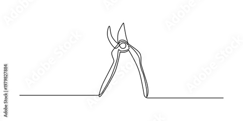 Single line drawing of pruning shears for gardening and branch trimming vector illustration