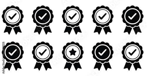 Certified, qualified approval badge icons, check mark verification symbols, top ranking indicator, quality assurance emblem set, best performance label, trusted mark design, official validation icon
