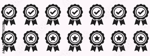 Approved, certified medal icons, approval check signs, verified quality symbol design, best rating badge, number one label, trusted certification mark, premium assurance icon set, validation check, 
