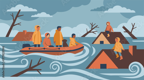 Illustration of a devastating flood, people on roofs, and rescue boat