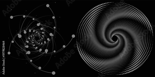 Modern abstract background. Halftone dots in circle form. Spiral logo, icon or design element. Black dots on a white background and white dots on the black side.