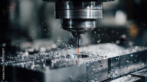 Close-Up of Precision Metal Cutting Process with Splashing Fluid