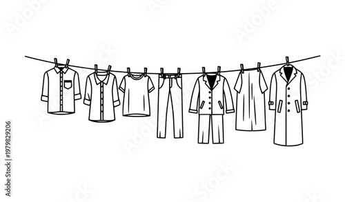Minimal black and white older men clothes on clothesline vector illustration classic wardrobe concept