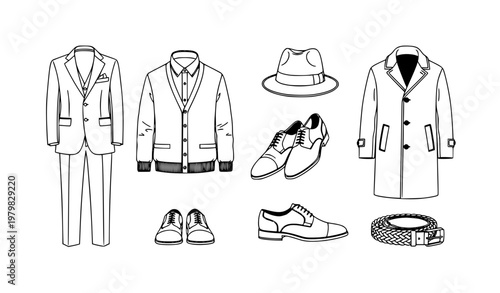 Black and white older men clothing collection vector set with formal and casual fashion catalog style