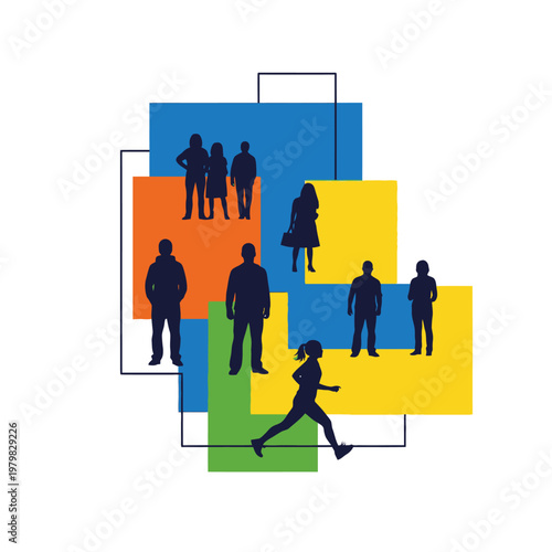 Diverse People Silhouettes on Colorful Geometric Background - Community Concept