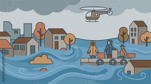 Flood disaster with rescue operation, people on a boat delivering aid