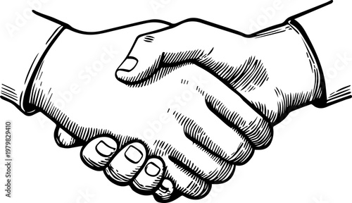 Hand Drawn Handshake Black and White Illustration in Minimal Line Art Style Design