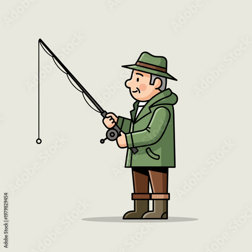 Cartoon illustration of a man fishing with a rod and reel.