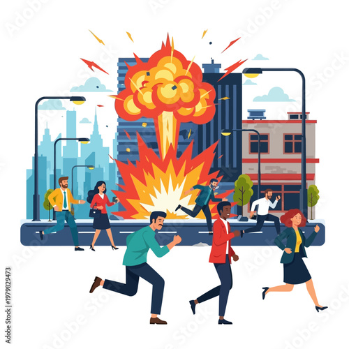 People fleeing an explosion in a city street, emergency, danger, chaos, disaster