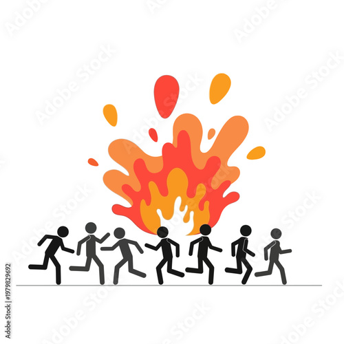 People fleeing from explosion, danger, emergency, panic, running away from fire
