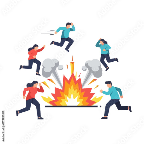 People Running Away From Explosion, Danger, Chaos, Panic, Escape, Emergency, Disaster