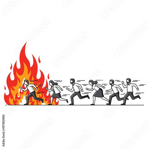 People running from fire, escape from danger, evacuation concept, crisis situation
