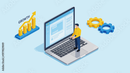 Man working on laptop with growth chart