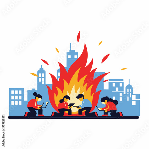 People working on laptops around a city fire illustration
