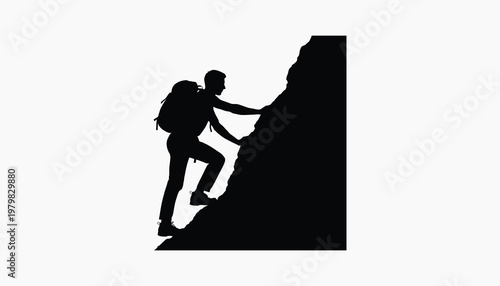 A black silhouette of a determined hiker climbing a steep mountain with a heavy backpack on board