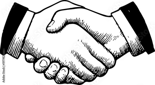 Hand Drawn Handshake Black and White Illustration in Minimal Line Art Style Design