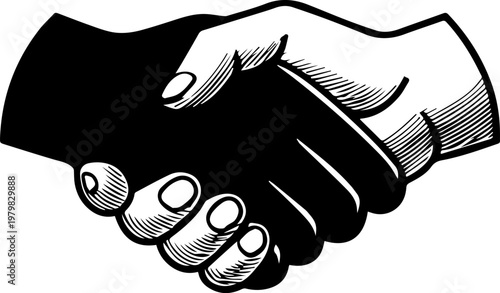 Hand Drawn Handshake Black and White Illustration in Minimal Line Art Style Design