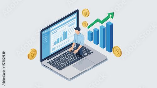 Businessman on laptop with financial charts