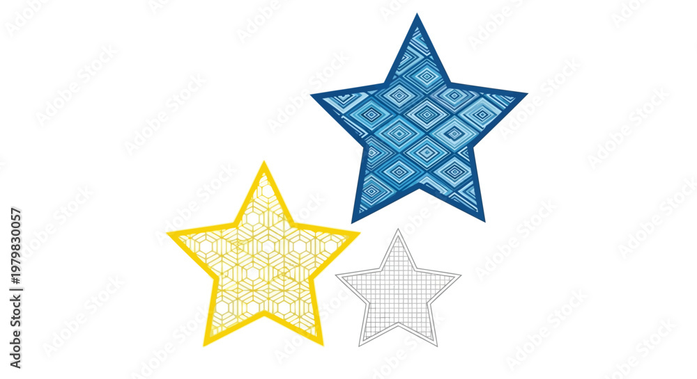 Obraz premium Star icons, colorful stars, patterned shapes, vector graphics
