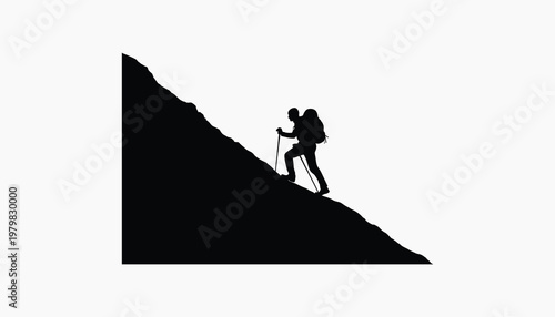 A silhouette of a lone hiker trekking up a steep mountain slope against a bright white background