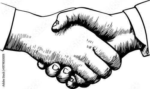 Hand Drawn Handshake Black and White Illustration in Minimal Line Art Style Design