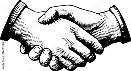 Hand Drawn Handshake Black and White Illustration in Minimal Line Art Style Design