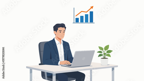 Businessman working on laptop with growth chart