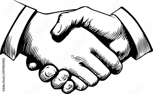 Hand Drawn Handshake Black and White Illustration in Minimal Line Art Style Design