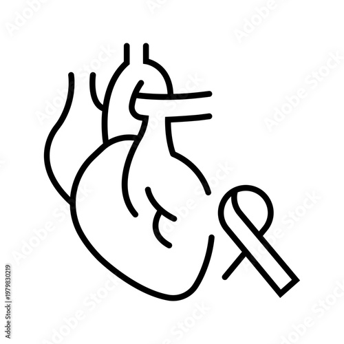 Heart cancer icon. Healthcare and oncology line symbol. Black and white.