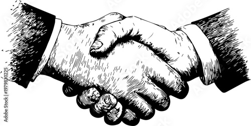 Hand Drawn Handshake Black and White Illustration in Minimal Line Art Style Design