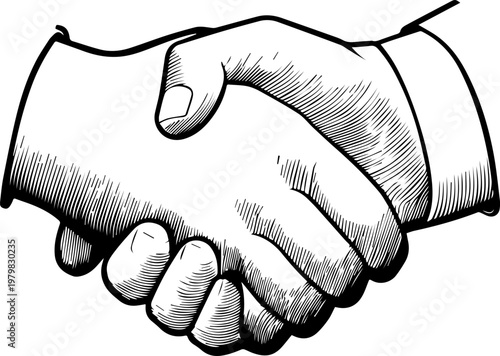 Hand Drawn Handshake Black and White Illustration in Minimal Line Art Style Design