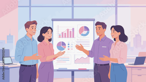 Office team discussing data charts