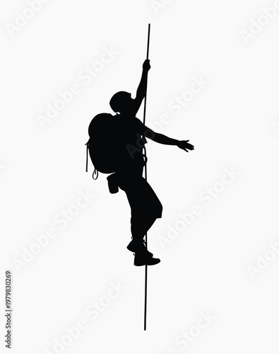 A black silhouette of a mountain climber ascending a rope against a plain white background area.