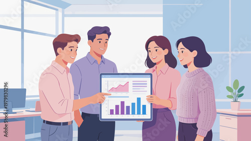 office workers discussing data charts