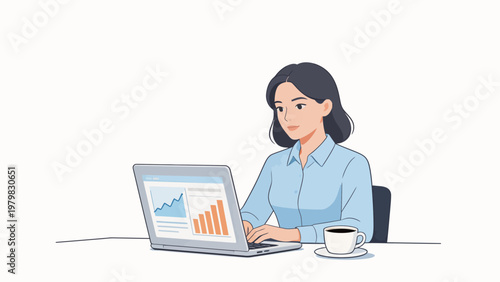 Woman working on laptop with coffee