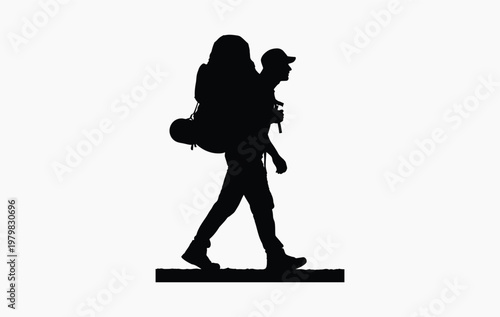 A black silhouette of a person hiking with a heavy backpack walking across a plain surface path.