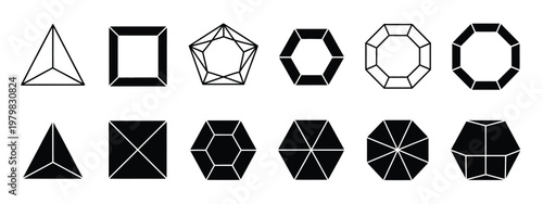 Segmented diagrams of geometric figures, geometric shape breakdown set with labeled polygons, vector illustration perfect for geometry education, classroom posters, and academic presentations.