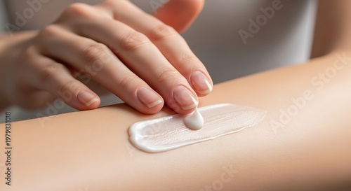 Close-up of a person's hand gently applying hydrating white lotion or cream onto smooth skin, symbolizing daily skincare, self-care, and beauty routines for soft, nourished skin