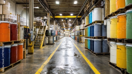 Colorful Industrial Storage Aisle with Many Chemical Drums