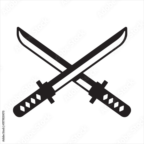  Crossed Katanas (Japanese swords) icon illustration. Samurai's weapon. on white background.