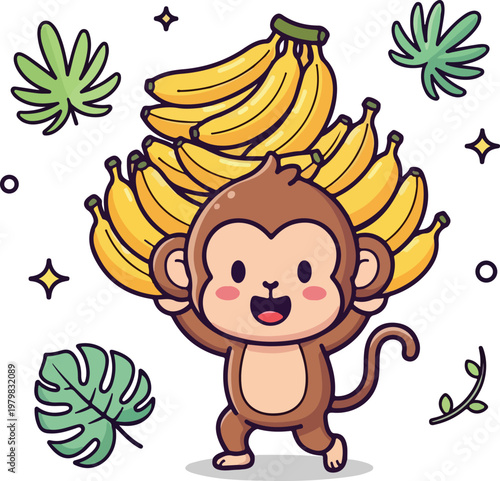 Playful monkey surrounded by bananas, plants, and stars. Ideal for childrens books, stationery, posters, or wildlife designs.