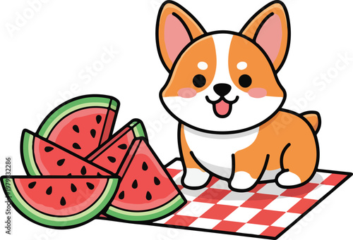 Cute corgi dog with watermelon slices on picnic blanket. Perfect for summerthemed designs, pet product advertisements, and food blogs.