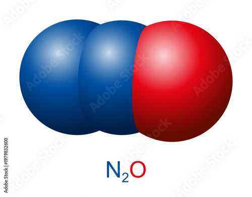 Nitrous oxide molecule, N2O, laughing gas, space-filling model. Inorganic chemical compound and oxide of nitrogen, used in surgery and dentistry for its anaesthetic and pain-reducing effects. Vector