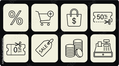Shopping Discounts and Sales Vector Icons Set Featuring Percentage Off, Shopping Cart, Price Tag and Cash Register