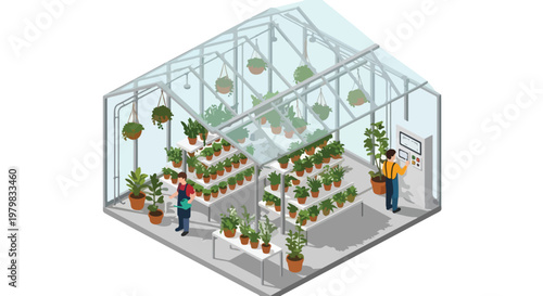 A detailed isometric illustration shows people working inside a large greenhouse filled with various potted plants and modern automation equipment.