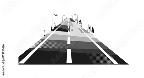 Perspective view of a highway with traffic and pedestrians.